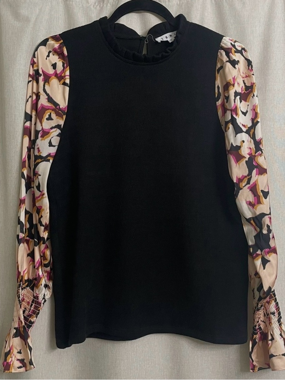 THML Black Floral Sleeve Sweater Top Smocked Bell Cuff Boho M